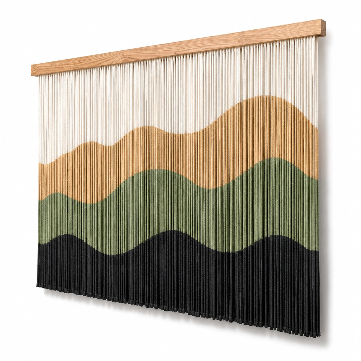 Wandteppich 100 x 110 cm aus Baumwollkordeln in Natur Beige Grün Schwarz mit Holzleiste im Boho Stil