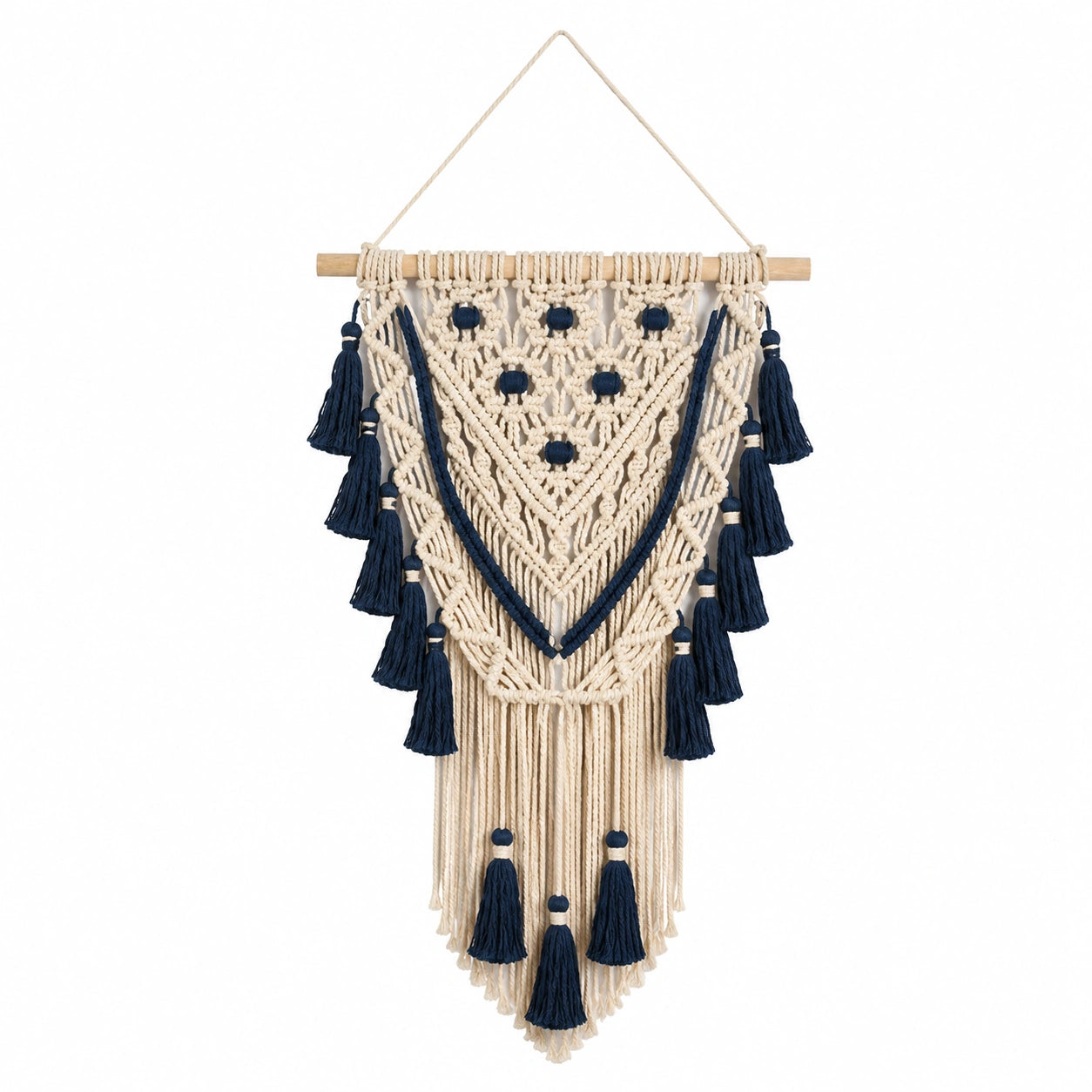 Makramee Wandbehang 45 x 85 cm Baumwolle Beige Dunkelblau Boho Dekoration