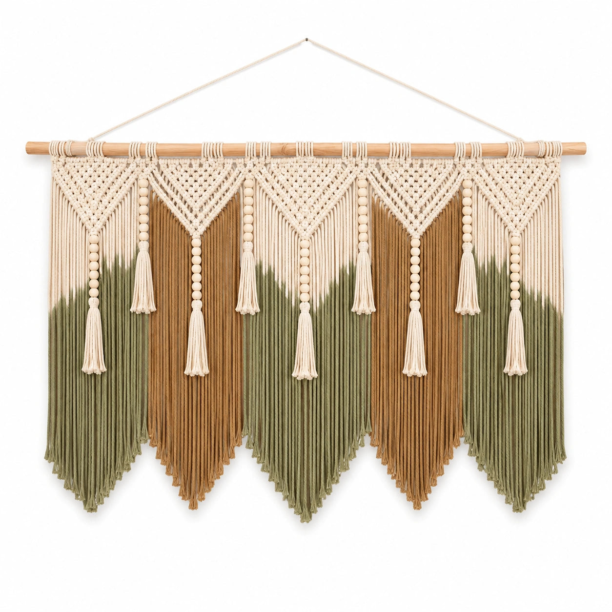 Makramee Wandbehang 120 x 100 cm aus Baumwollkordel in Creme Grün Braun mit Holzstab Boho Dekoration