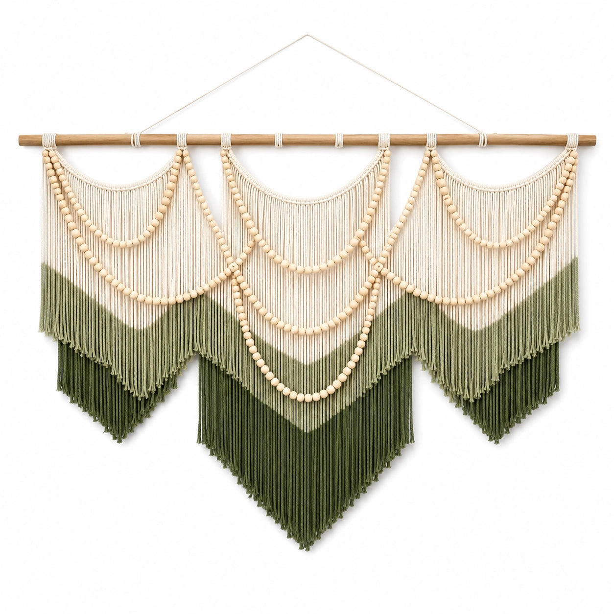 Makramee Wandbehang 120 x 100 cm aus Baumwolle in Grün Creme mit Holzperlen im Boho Stil