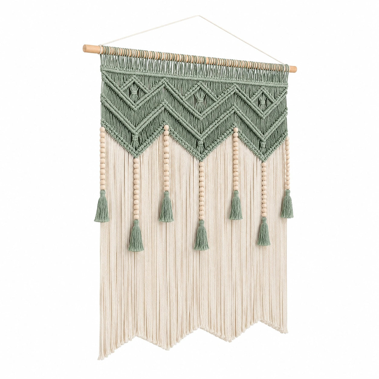 Makramee Wandbehang 50 x 90 cm aus Baumwolle in Salbeigrün Natur mit Fransen im Boho Stil