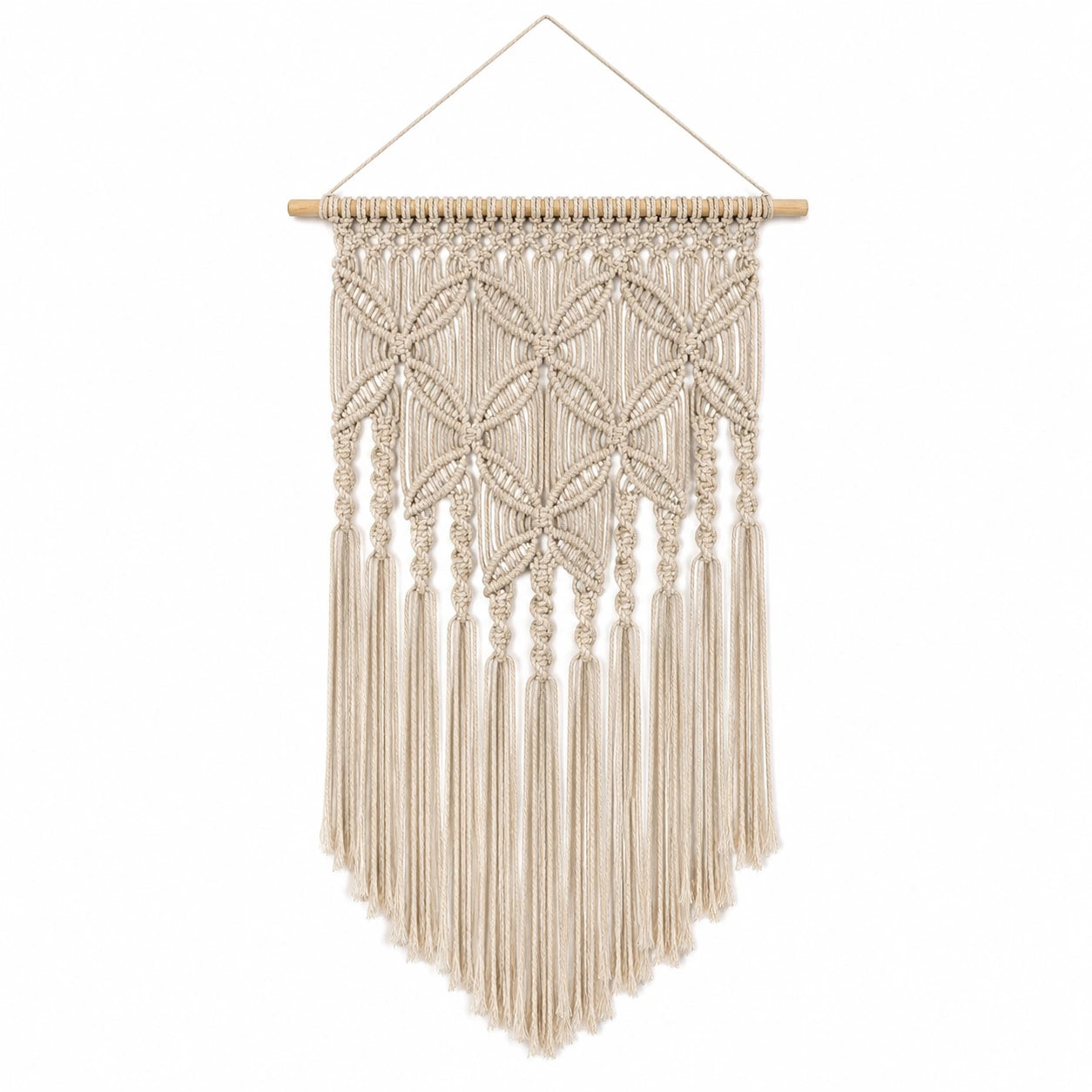 Makramee Wandbehang 50 x 90 cm aus Baumwolle in Beige mit Holzstab im Boho-Stil