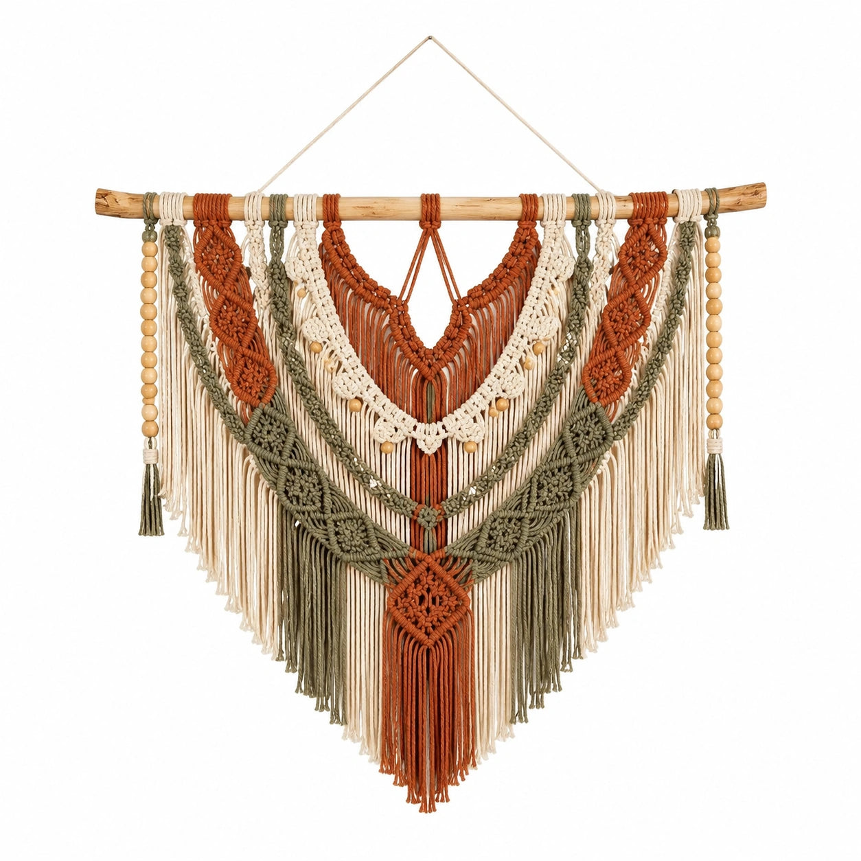 Makramee Wandteppich 100 x 105 cm aus Baumwolle in Creme Rostbraun Olivgrün im Boho-Stil