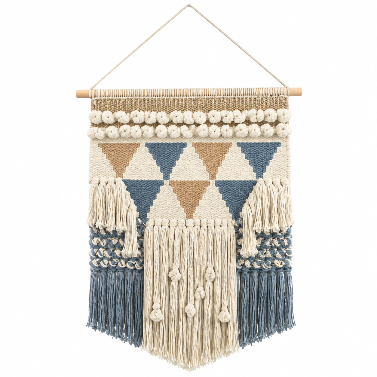 Wandteppich 50 x 85 cm aus Baumwolle in Beige Blau mit Fransen im Boho-Stil