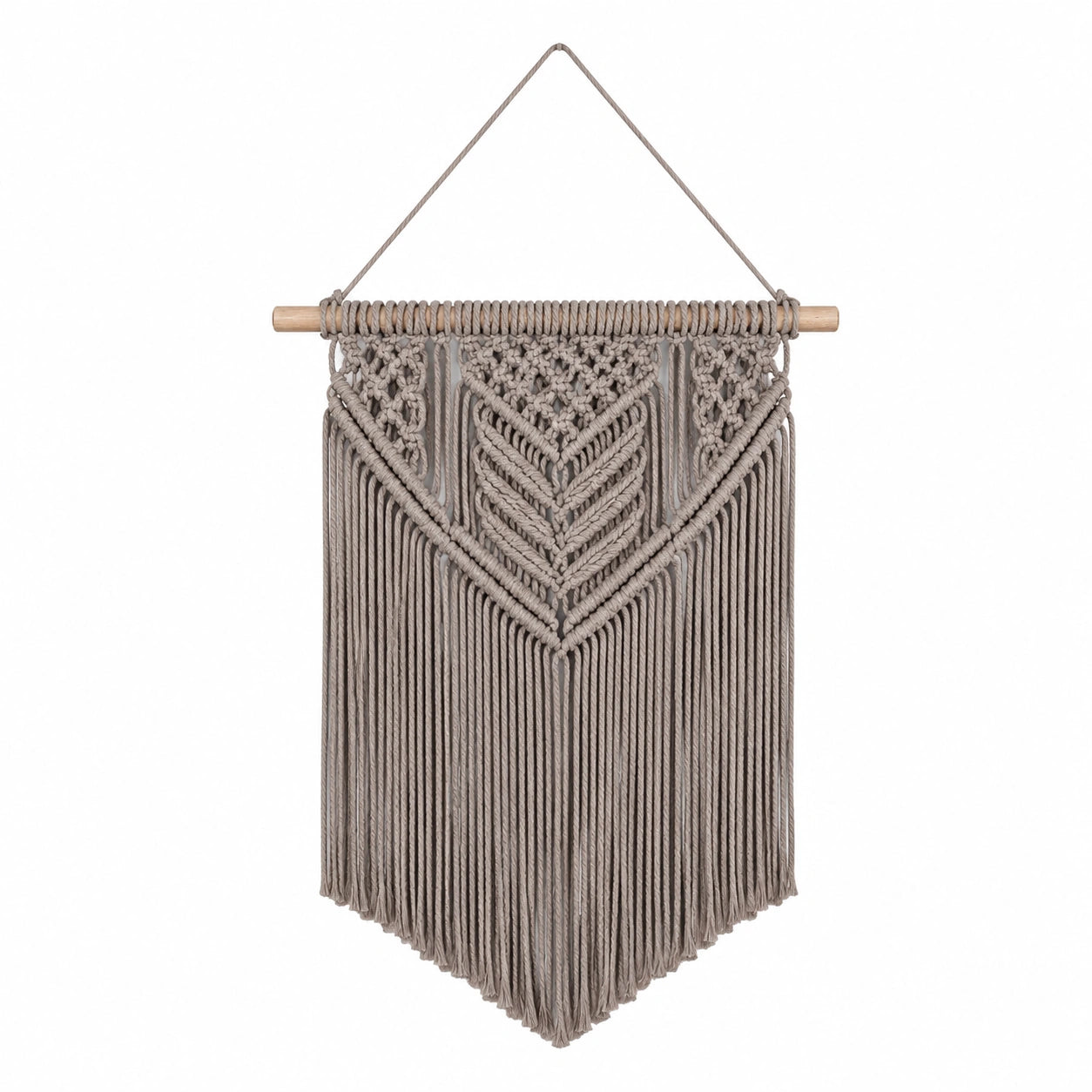 Makramee Wandbehang 50 x 80 cm Baumwolle Taupe mit Holzstab im Boho-Stil
