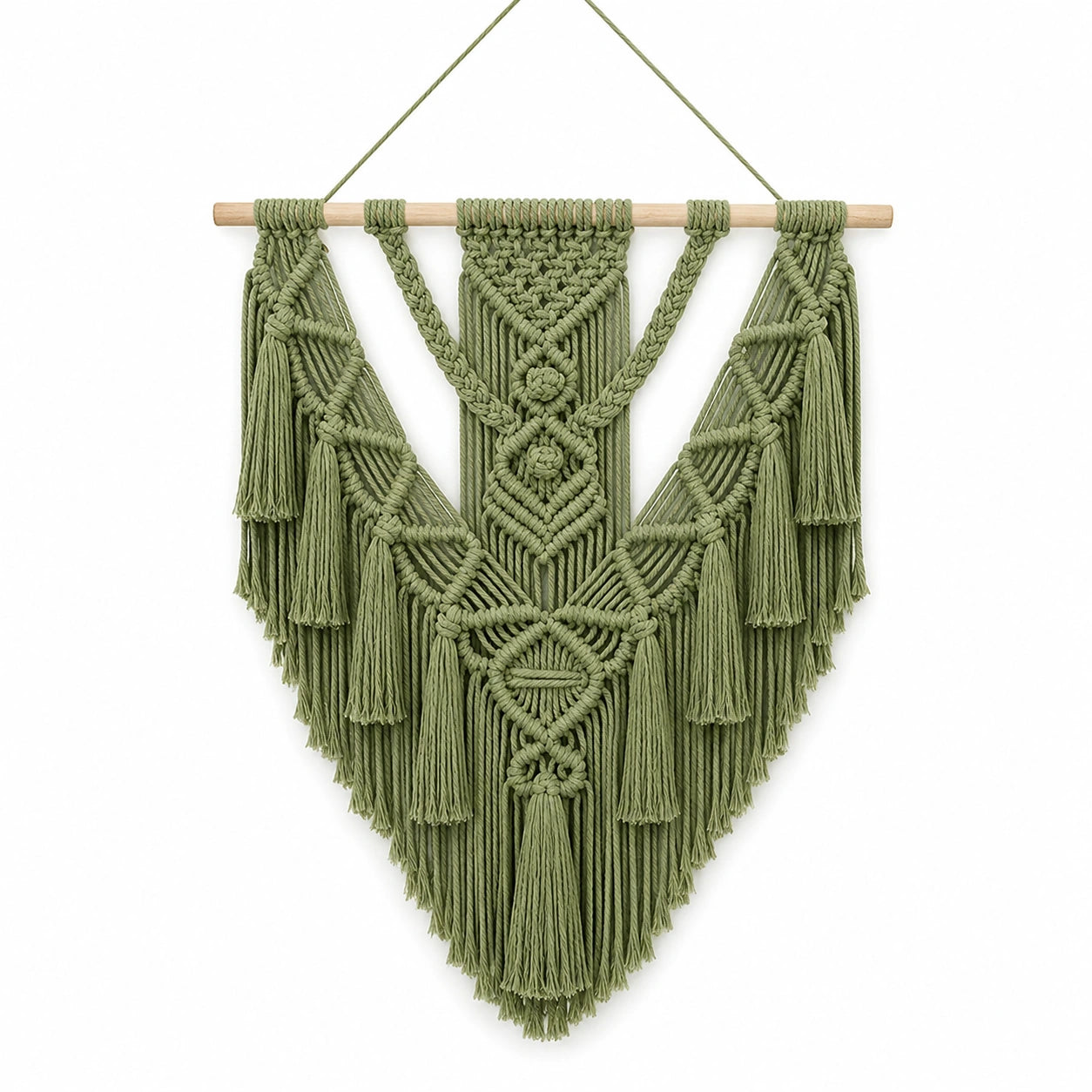 Makramee Wandbehang 50 x 85 cm aus Baumwollkordel Grün mit Holzstab im Boho-Stil