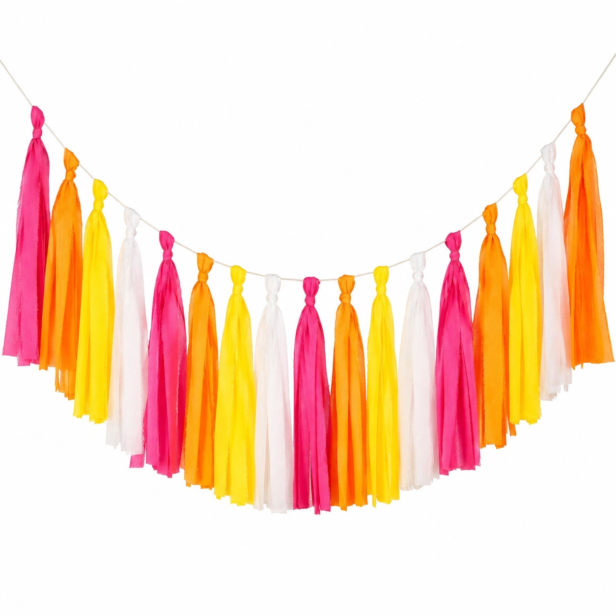 Quastengirlande 200 x 70 cm aus Textil in Pink Orange Gelb Weiß für Partydekoration
