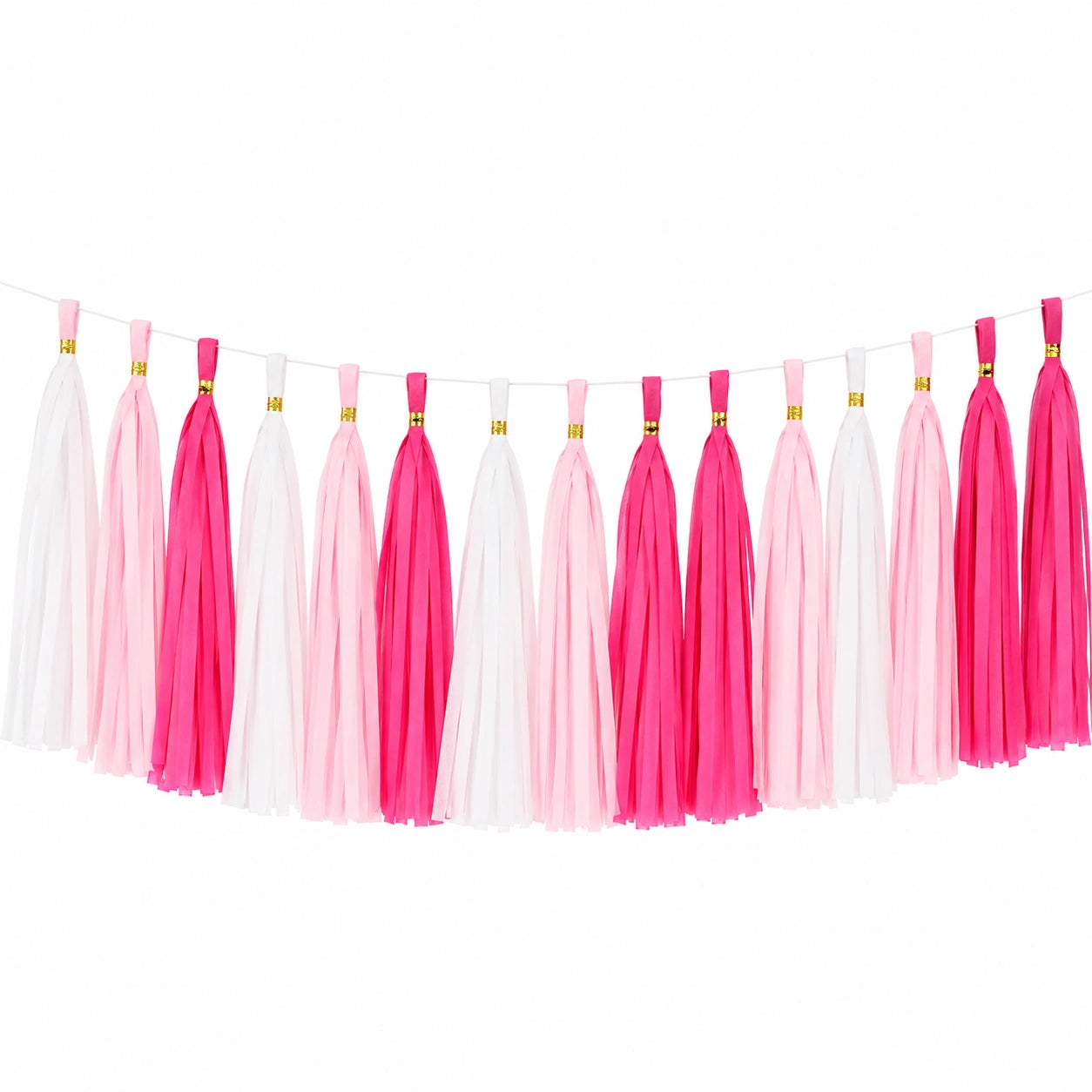 Quastengirlande 150 cm aus Papier in Weiß Hellrosa Pink mit goldfarbenen Details für Partydekoration