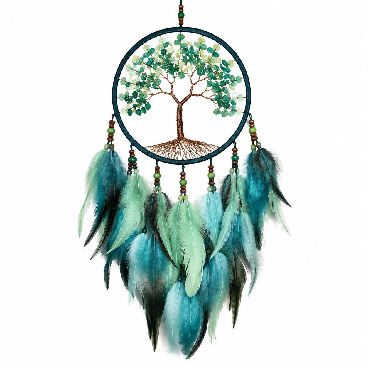 Traumfänger 30 cm Grün Türkis mit Federn Baum-Motiv Wanddekoration