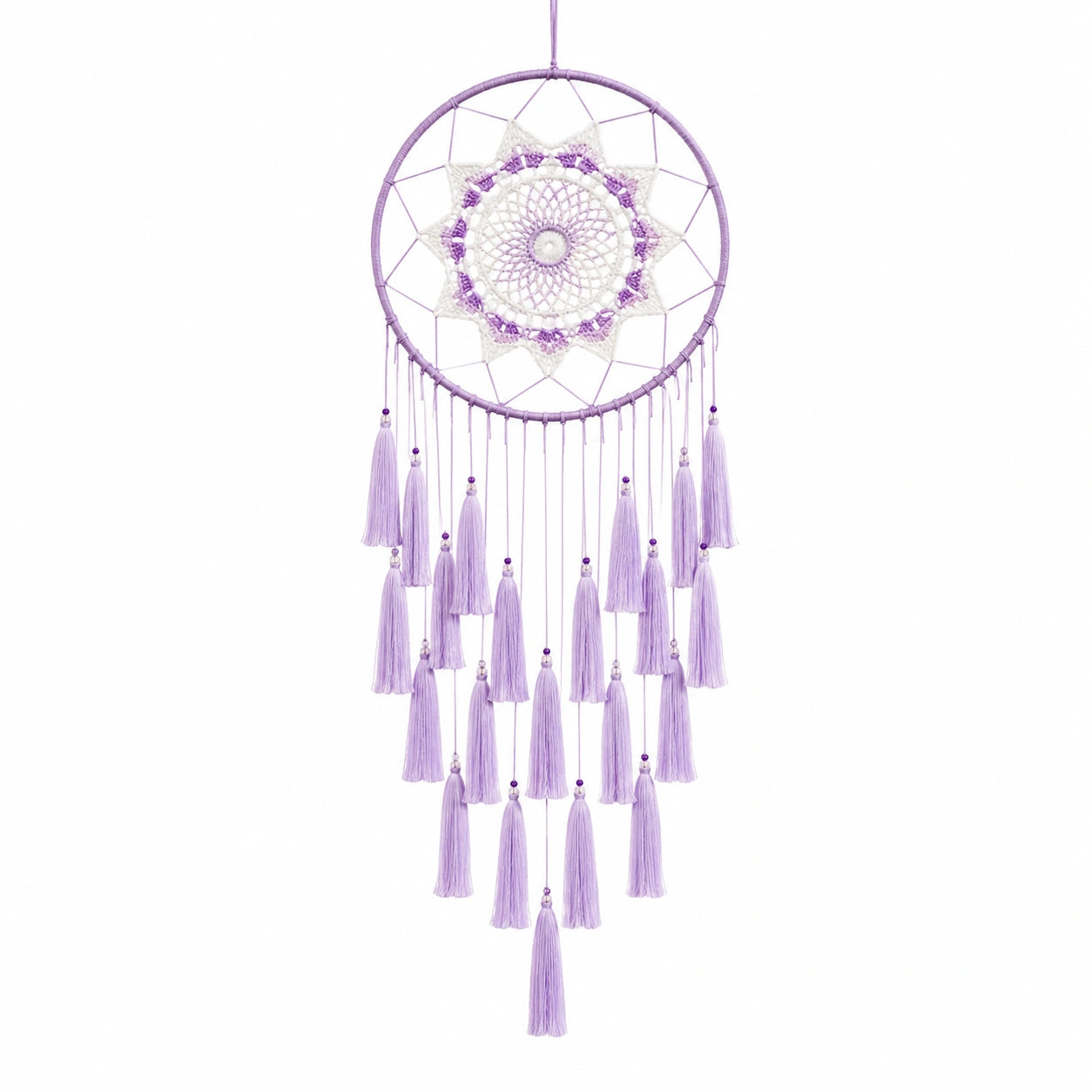 Traumfänger 30 cm x 80 cm aus Textil in Lila Weiß mit Fransen Boho Wanddekoration