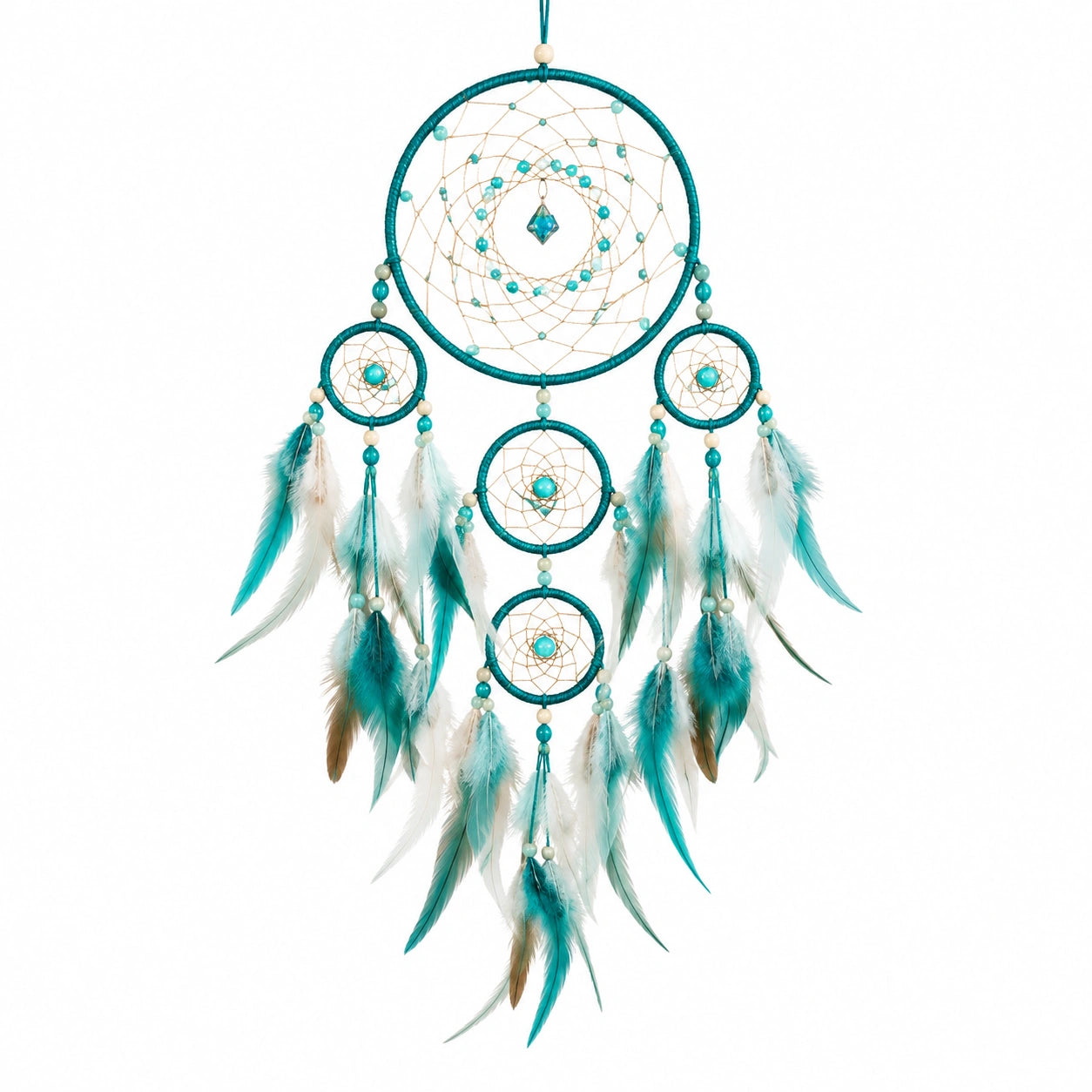 Traumfänger 40 x 85 cm mit Federn und Perlen in Türkis Weiß im Boho-Stil