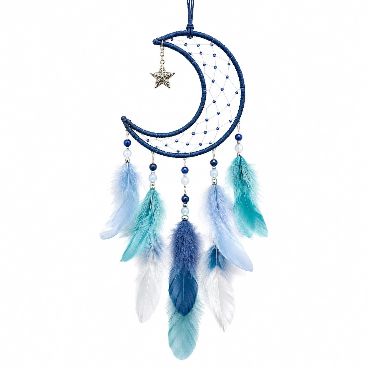 Traumfänger 20 x 60 cm aus Garn Federn und Perlen in Blau für Wanddekoration im Boho-Stil