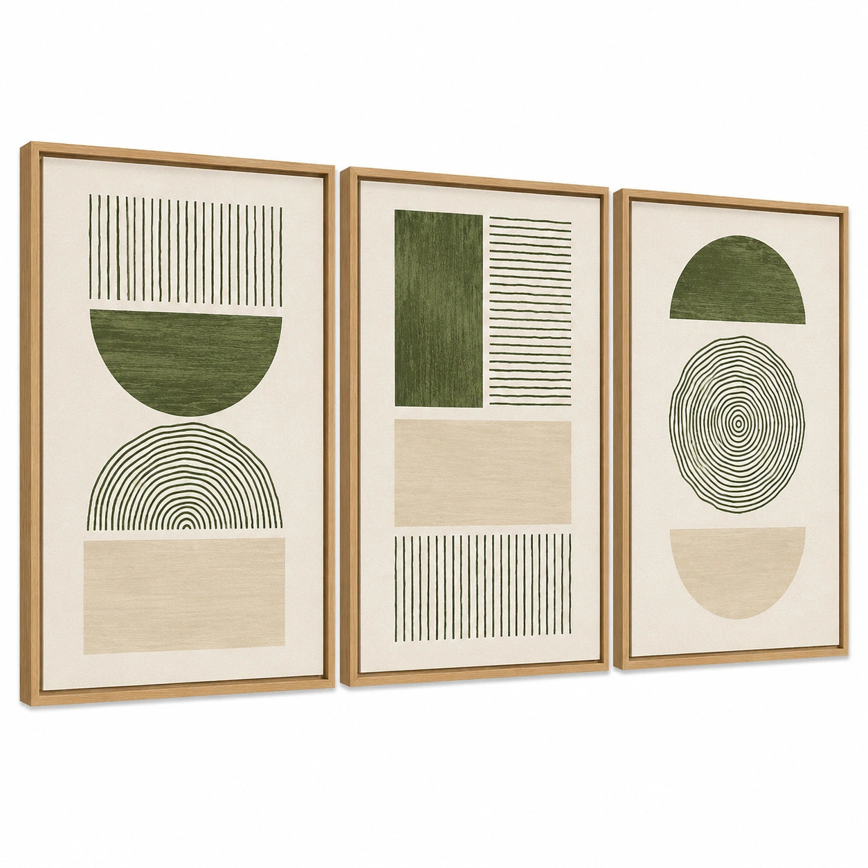 Wandbilder Set 40 x 60 cm Holzrahmen Grün Beige abstrakte Geometrie 3-teilig