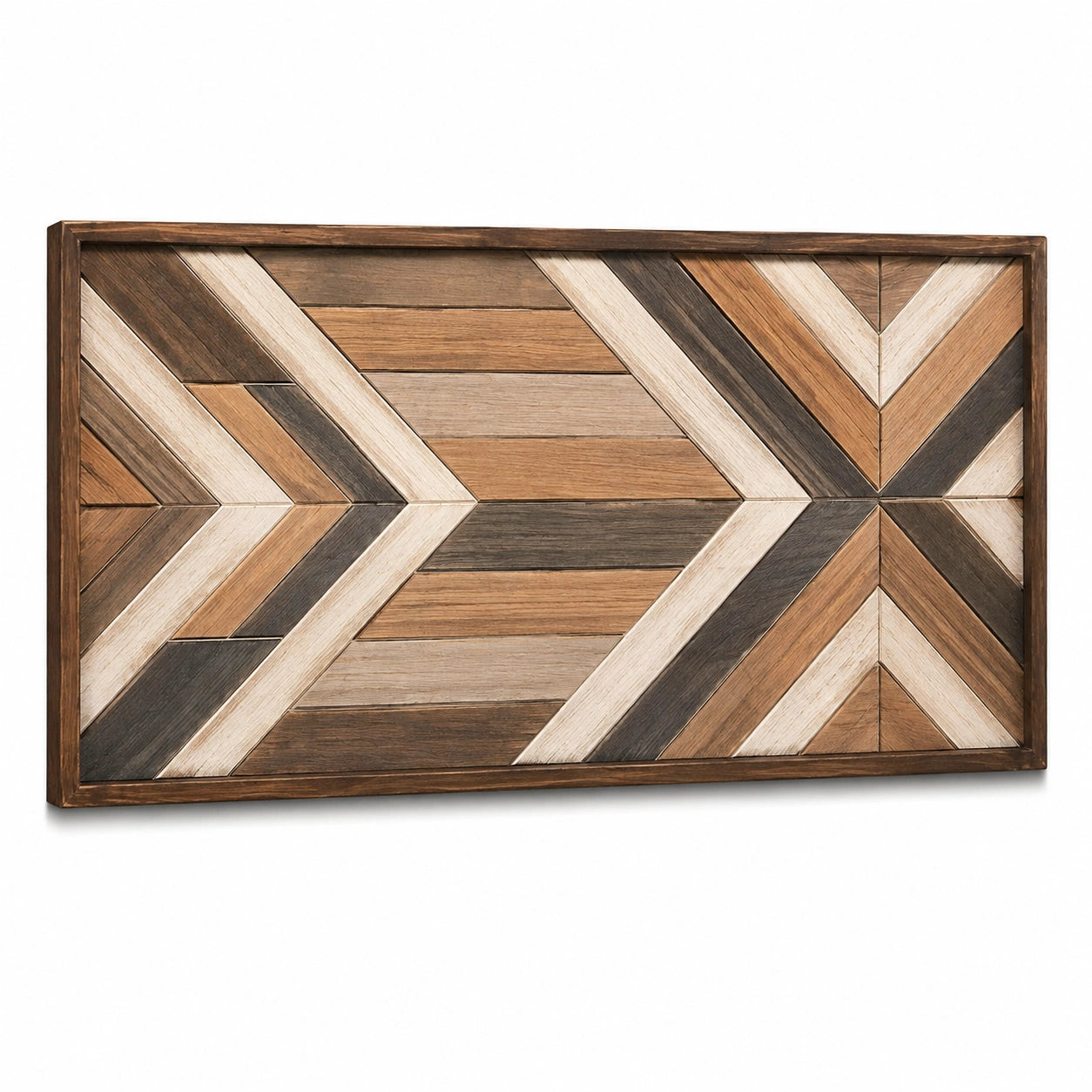 Wanddekoration 120 x 60 cm aus Holz in Braun Beige und Anthrazit - geometrisches Muster