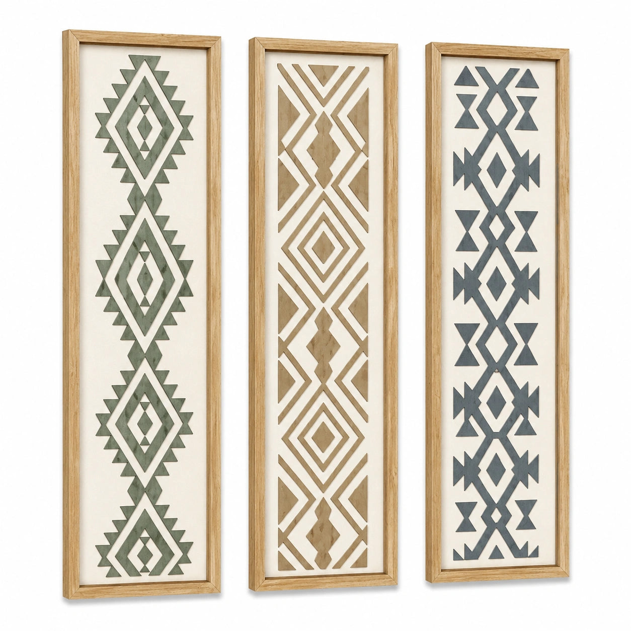 Wandbilder Set 30 x 90 cm Holz Natur Grün Grau geometrisches Muster