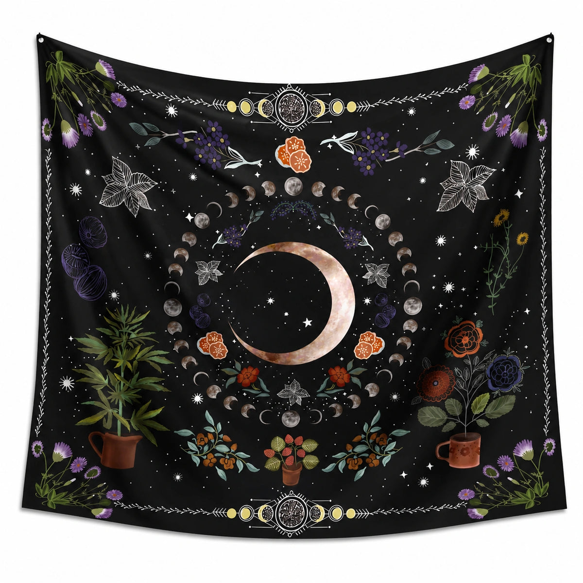 Wandteppich 150 x 130 cm schwarzes Textilgewebe mit Mondphasen und Blumen im Boho Stil