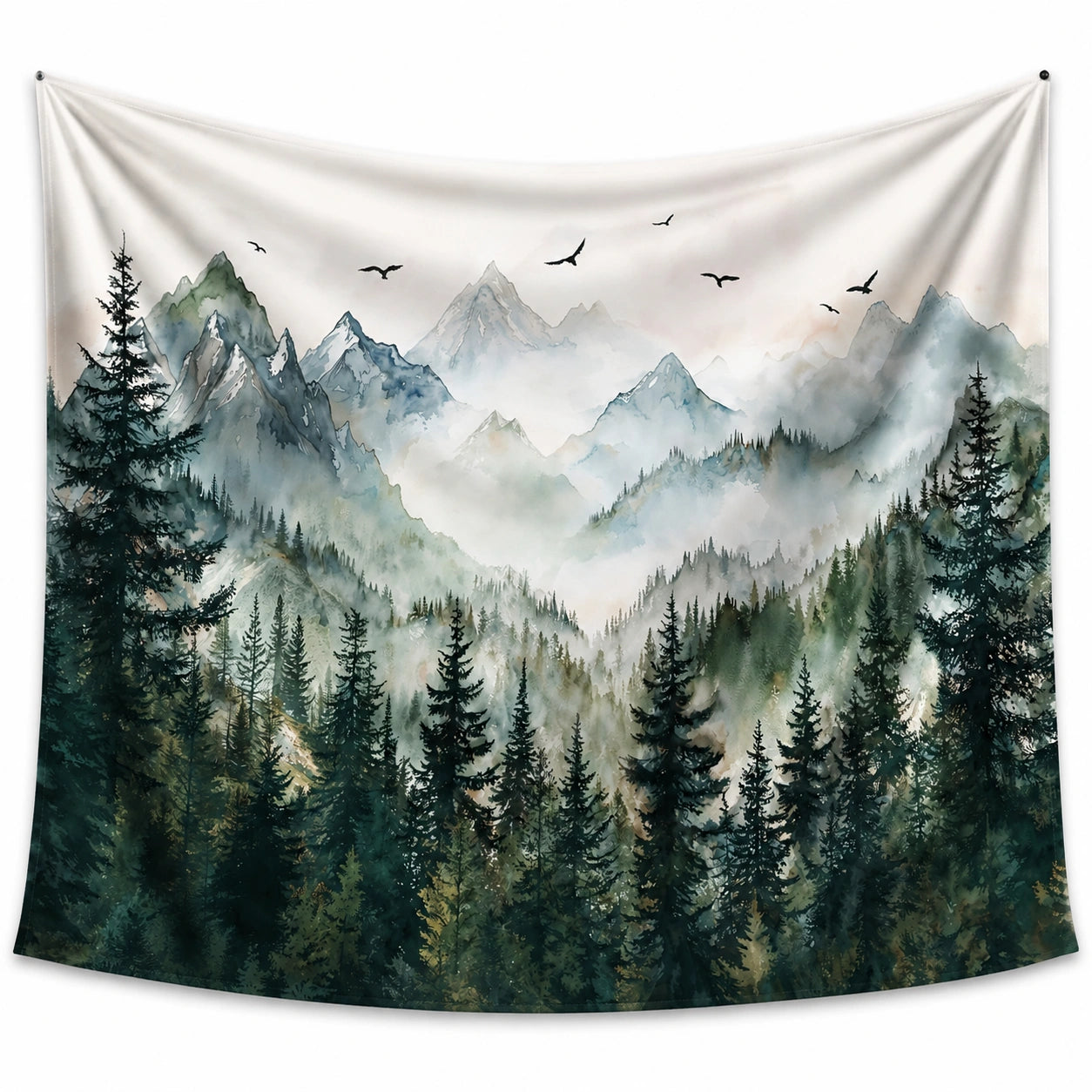 Wandteppich 150 x 130 cm aus Polyester Weiß Grün mit Bergwaldmotiv zur Wanddekoration