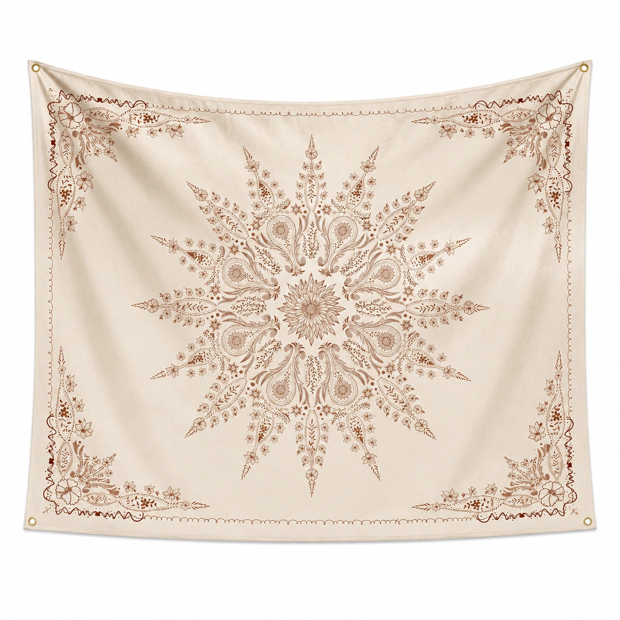 Wandteppich 150 x 150 cm Textilgewebe Beige Braun Blumenmuster Boho Wanddekoration