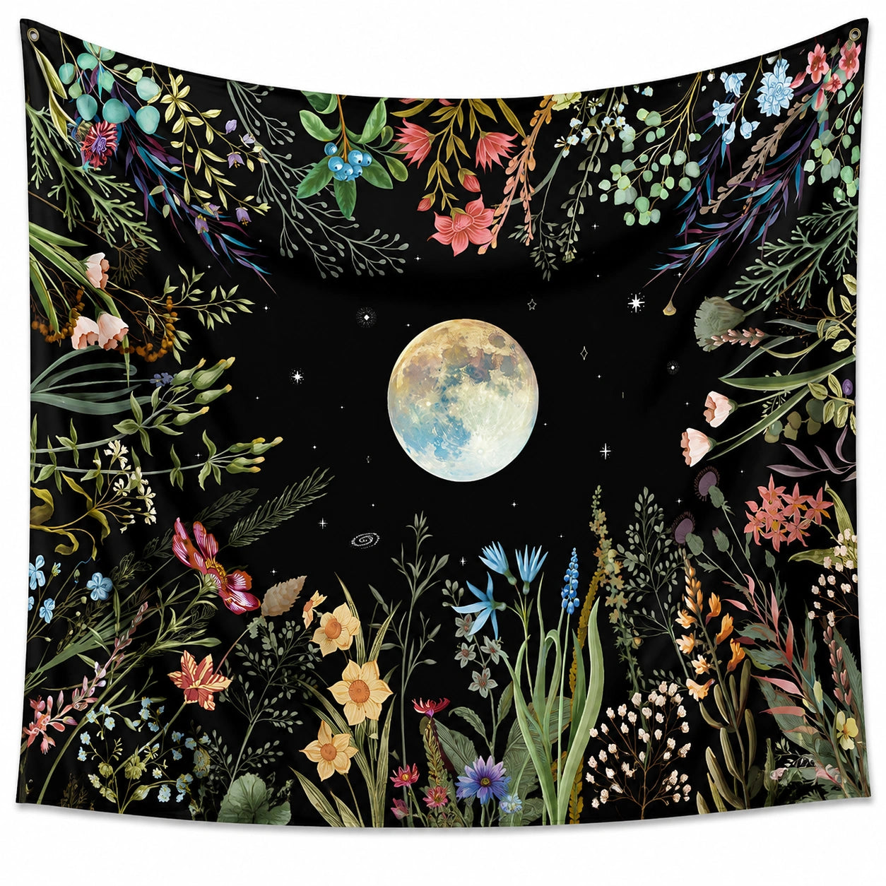 Wandteppich 150 x 130 cm aus Polyester Schwarz mit Blumen Mondmotiv für Wanddekoration